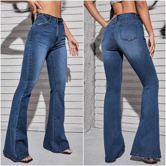 Dark Wash Flare Leg Blue Denim Wide leg Jeans - Picture 4 of 5